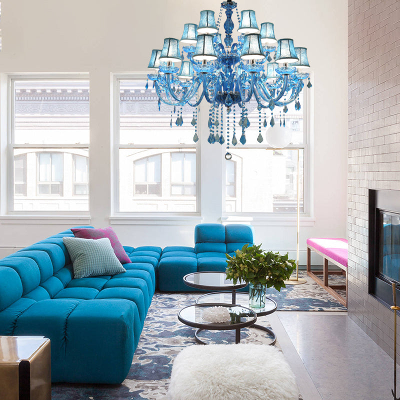 Modern Crystal Pendant Chandelier Blue Hanging Light, 6/18 Bulbs, Candle/Bell Design, 23.5"/37.5" W