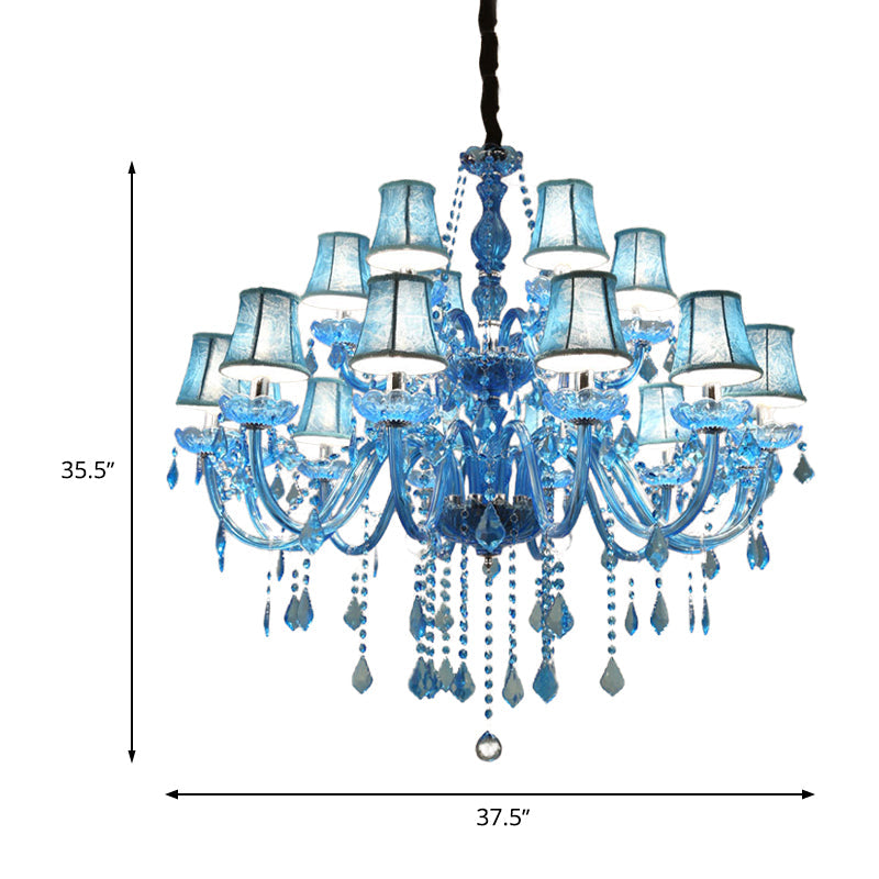 Modern Crystal Pendant Chandelier Blue Hanging Light, 6/18 Bulbs, Candle/Bell Design, 23.5"/37.5" W