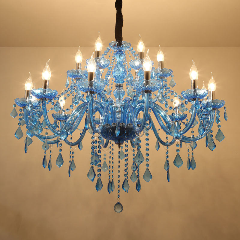 Modern Crystal Pendant Chandelier Blue Hanging Light, 6/18 Bulbs, Candle/Bell Design, 23.5"/37.5" W