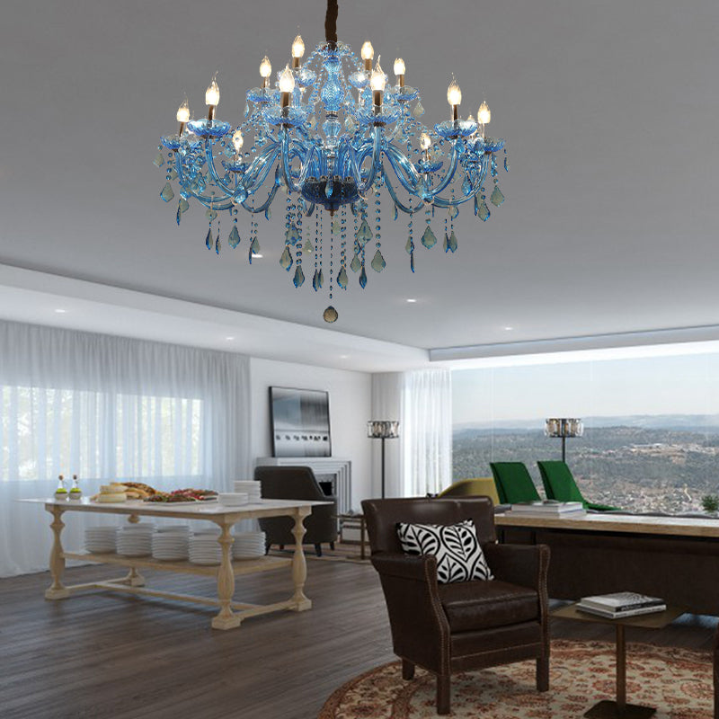 Modern Crystal Pendant Chandelier Blue Hanging Light, 6/18 Bulbs, Candle/Bell Design, 23.5"/37.5" W