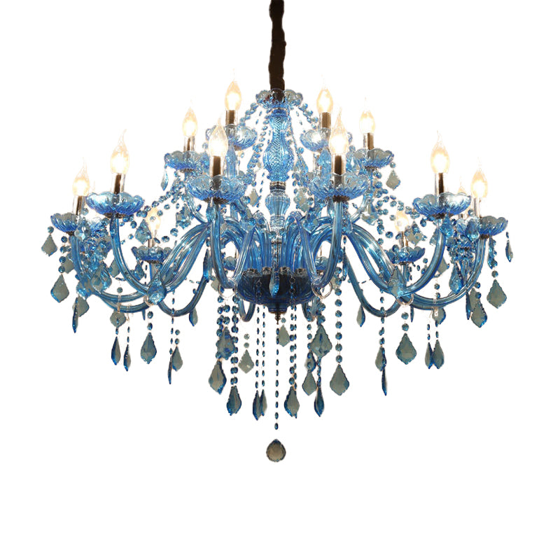 Modern Crystal Pendant Chandelier Blue Hanging Light, 6/18 Bulbs, Candle/Bell Design, 23.5"/37.5" W