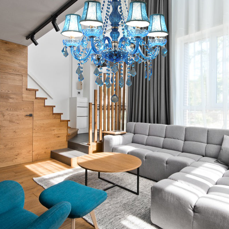 Modern Crystal Pendant Chandelier Blue Hanging Light, 6/18 Bulbs, Candle/Bell Design, 23.5"/37.5" W