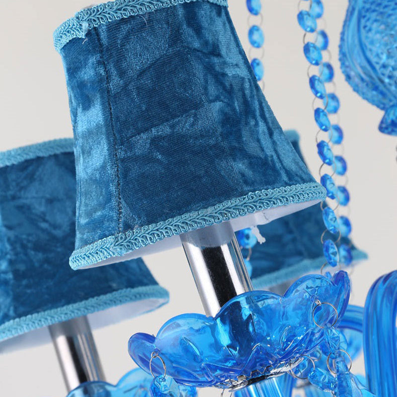 Modern Crystal Pendant Chandelier Blue Hanging Light, 6/18 Bulbs, Candle/Bell Design, 23.5"/37.5" W