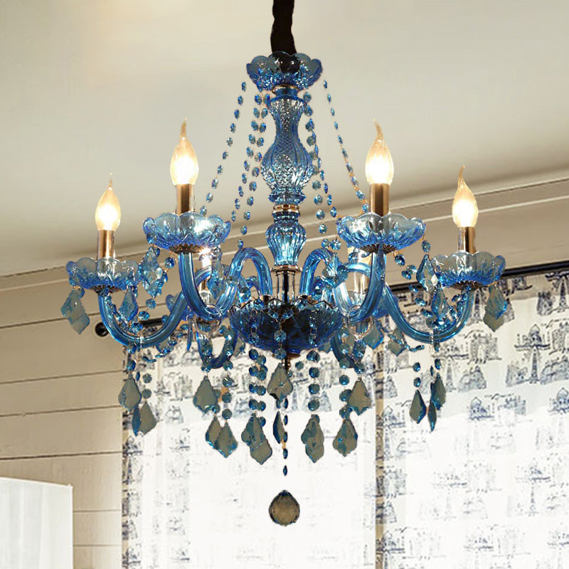 Modern Crystal Pendant Chandelier Blue Hanging Light, 6/18 Bulbs, Candle/Bell Design, 23.5"/37.5" W