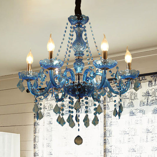 Modern Crystal Pendant Chandelier Blue Hanging Light, 6/18 Bulbs, Candle/Bell Design, 23.5"/37.5" W