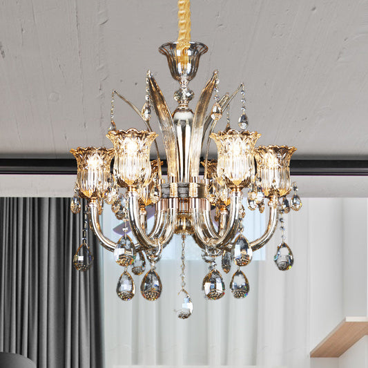 Amber Pendant Chandelier Light with Floral Clear Glass Shade - Modern Living Room Fixture, 6/8-Bulb, 23.5"/27.5" Width