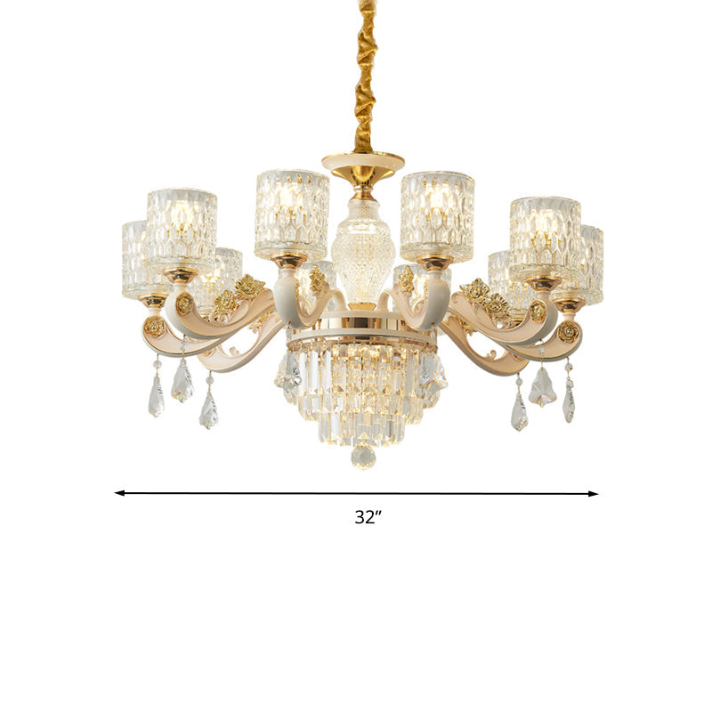 Brushed Brass Pendant Light Kit - Postmodern Glass Cylinder Design with 10 Dimpled Heads