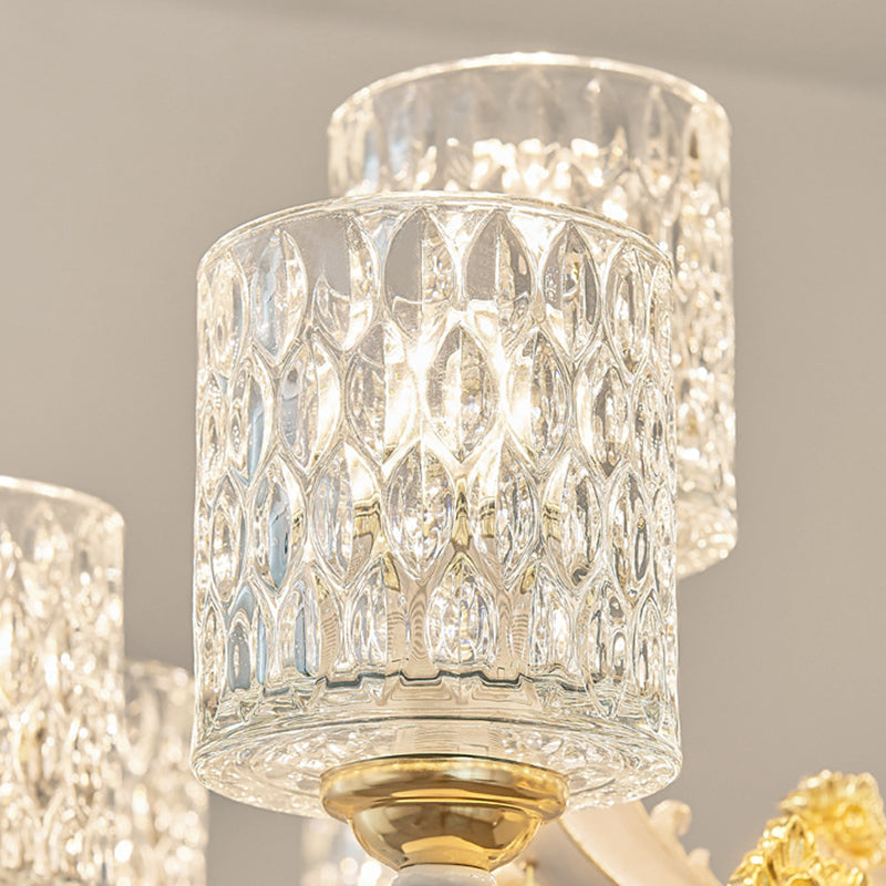 Brushed Brass Pendant Light Kit - Postmodern Glass Cylinder Design with 10 Dimpled Heads