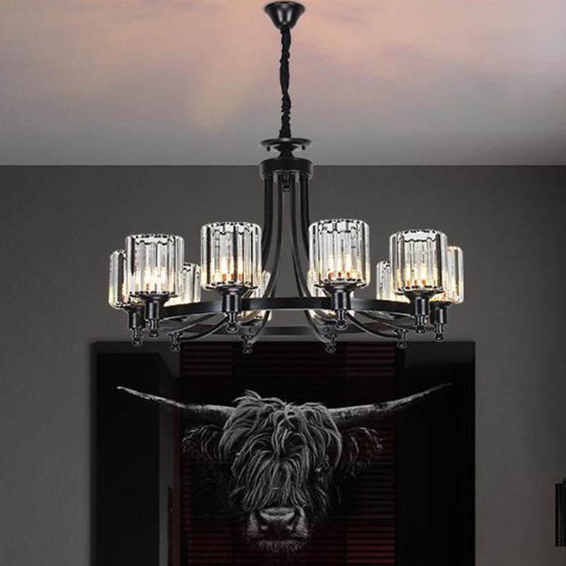 Postmodern 10-Head Cylinder Crystal Rod Pendant Chandelier – Black/Brass Hanging Ceiling Light