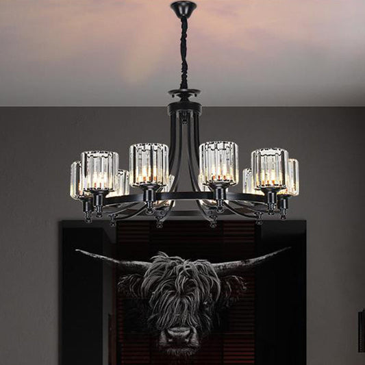 Postmodern 10-Head Cylinder Crystal Rod Pendant Chandelier – Black/Brass Hanging Ceiling Light