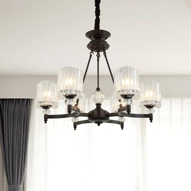 Suspension cylindrique contemporaine noire avec tiges en cristal - Kit de lampe suspendue à 6/8/10 têtes, 28"/34,5"/42,5" de large
