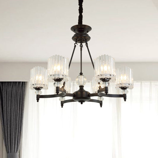 Contemporary Black Cylinder Suspension Lighting with Crystal Rods - 6/8/10 Heads Hanging Lamp Kit, 28"/34.5"/42.5" Wide