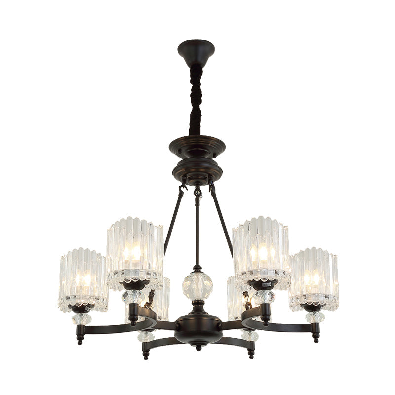 Suspension cylindrique contemporaine noire avec tiges en cristal - Kit de lampe suspendue à 6/8/10 têtes, 28"/34,5"/42,5" de large