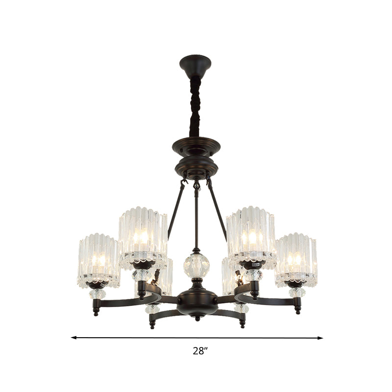 Suspension cylindrique contemporaine noire avec tiges en cristal - Kit de lampe suspendue à 6/8/10 têtes, 28"/34,5"/42,5" de large