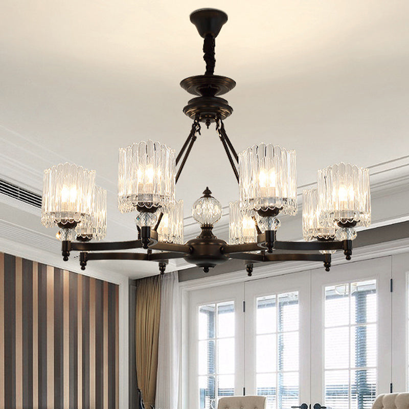 Suspension cylindrique contemporaine noire avec tiges en cristal - Kit de lampe suspendue à 6/8/10 têtes, 28"/34,5"/42,5" de large