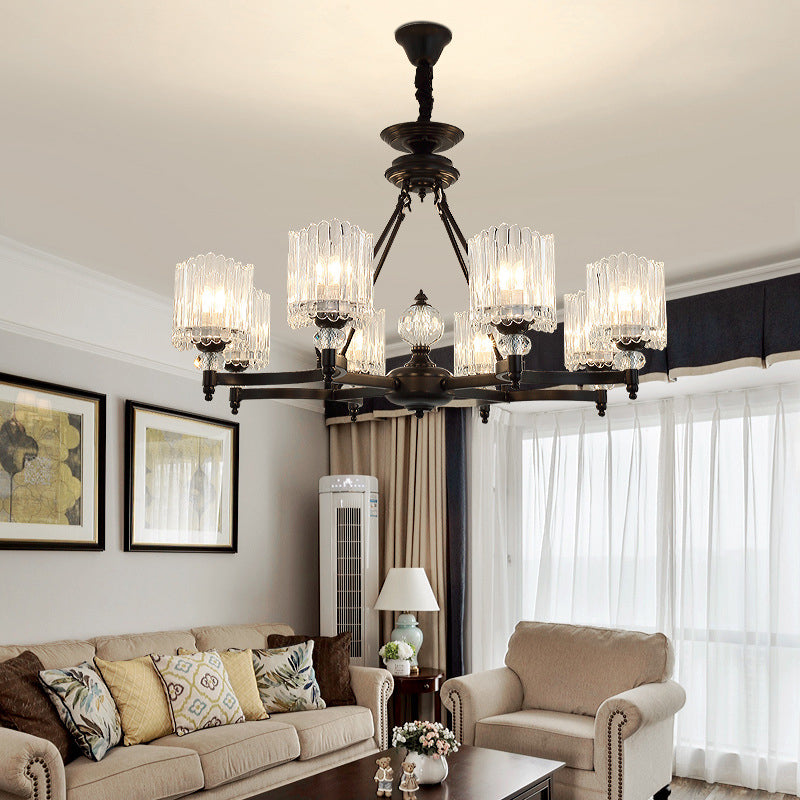 Suspension cylindrique contemporaine noire avec tiges en cristal - Kit de lampe suspendue à 6/8/10 têtes, 28"/34,5"/42,5" de large