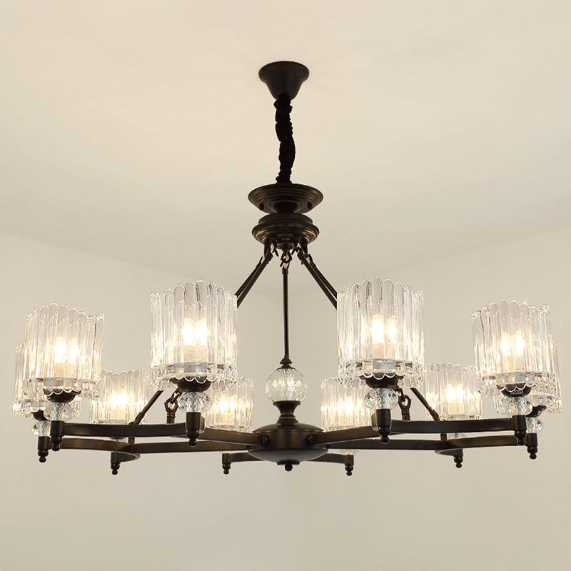 Suspension cylindrique contemporaine noire avec tiges en cristal - Kit de lampe suspendue à 6/8/10 têtes, 28"/34,5"/42,5" de large