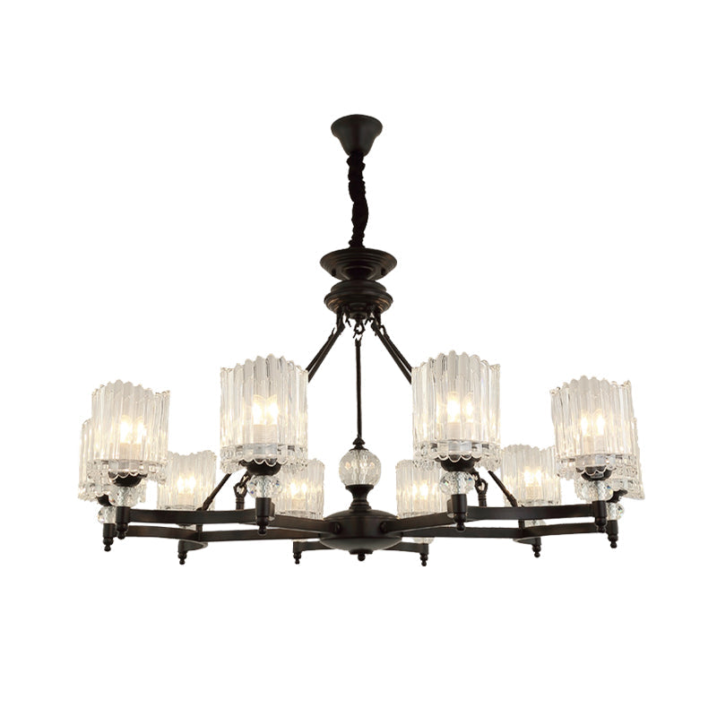 Suspension cylindrique contemporaine noire avec tiges en cristal - Kit de lampe suspendue à 6/8/10 têtes, 28"/34,5"/42,5" de large