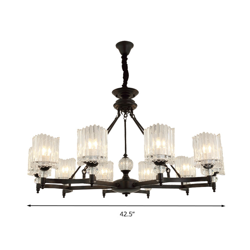 Suspension cylindrique contemporaine noire avec tiges en cristal - Kit de lampe suspendue à 6/8/10 têtes, 28"/34,5"/42,5" de large