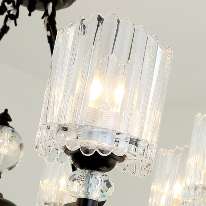 Suspension cylindrique contemporaine noire avec tiges en cristal - Kit de lampe suspendue à 6/8/10 têtes, 28"/34,5"/42,5" de large