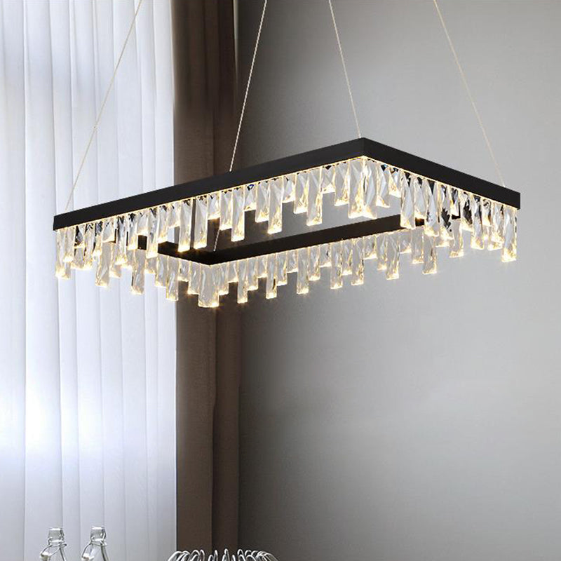 Modern Crystal Block LED Black Chandelier Lighting - Rectangle Hanging Light in 16"/23.5" Width