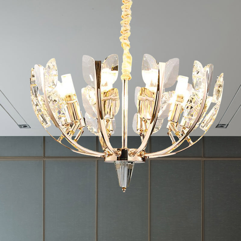 Modern Curved Arm Ceiling Light with Leaf Crystal, 8/10 Heads, Brushed Brass Finish