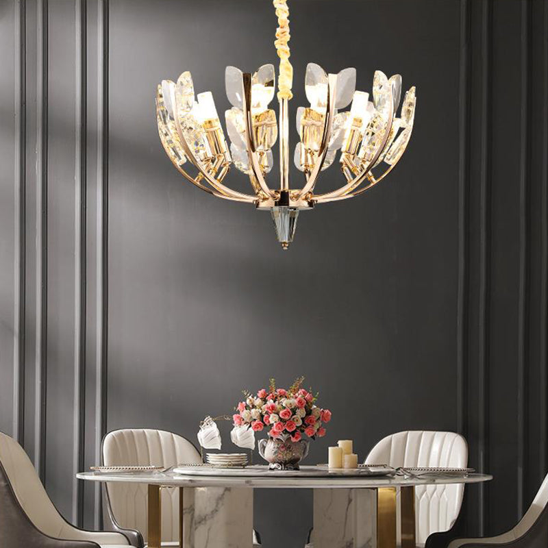 Modern Curved Arm Ceiling Light with Leaf Crystal, 8/10 Heads, Brushed Brass Finish