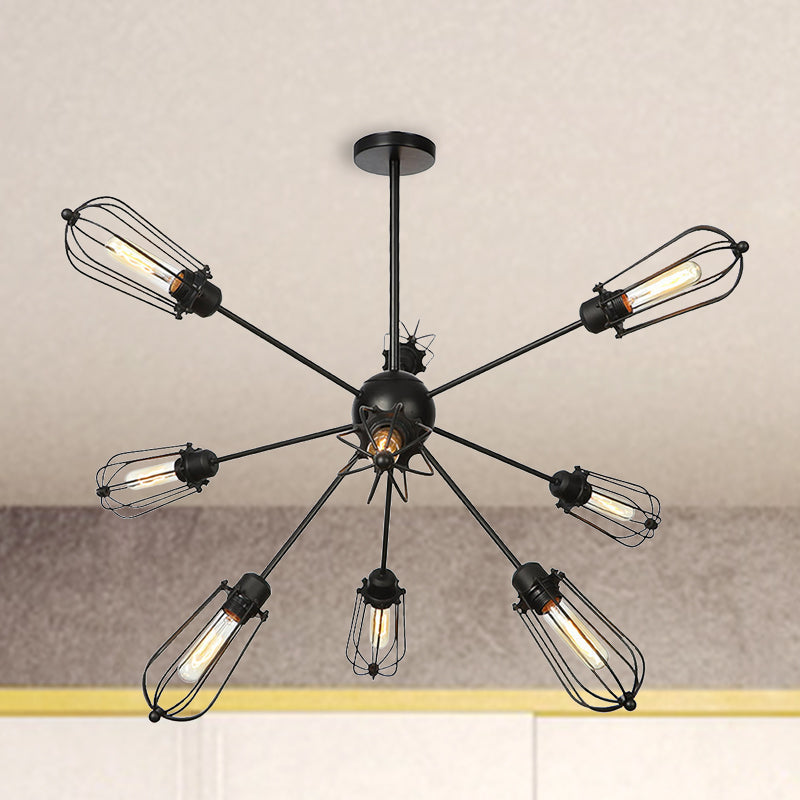 Lustre à cage à ampoules en métal de style entrepôt - Lampe suspendue noire avec 9/12/15 têtes pour l'éclairage du salon