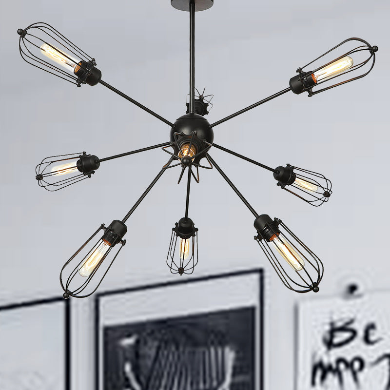 Lustre à cage à ampoules en métal de style entrepôt - Lampe suspendue noire avec 9/12/15 têtes pour l'éclairage du salon
