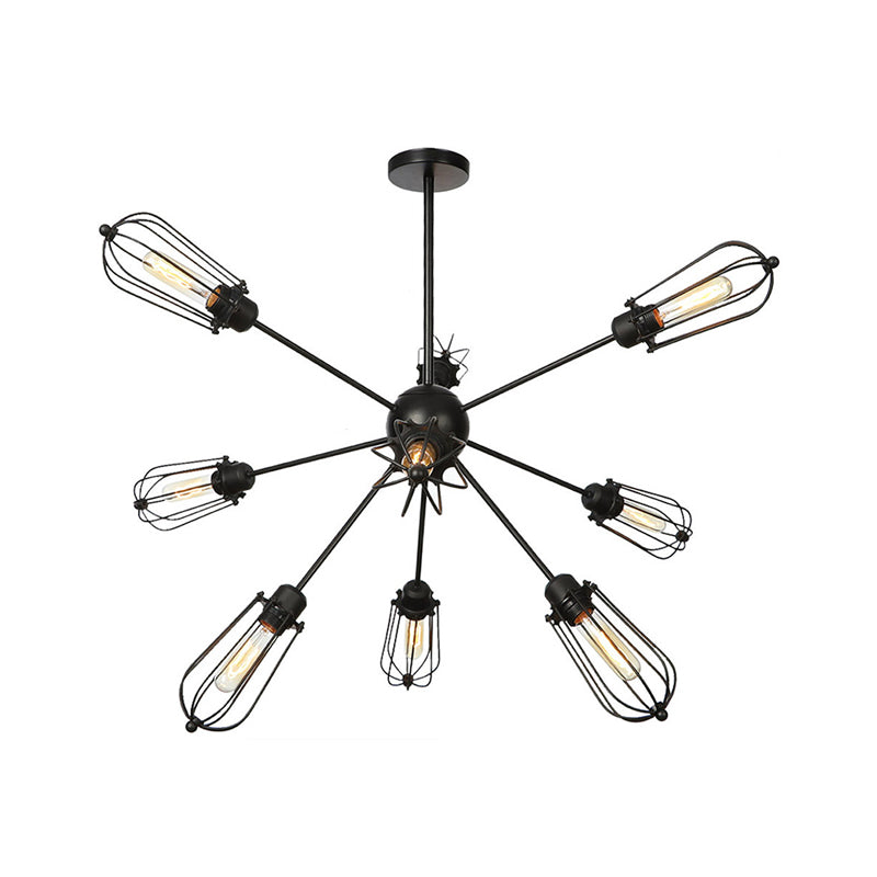Lustre à cage à ampoules en métal de style entrepôt - Lampe suspendue noire avec 9/12/15 têtes pour l'éclairage du salon
