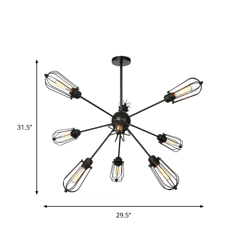 Lustre à cage à ampoules en métal de style entrepôt - Lampe suspendue noire avec 9/12/15 têtes pour l'éclairage du salon