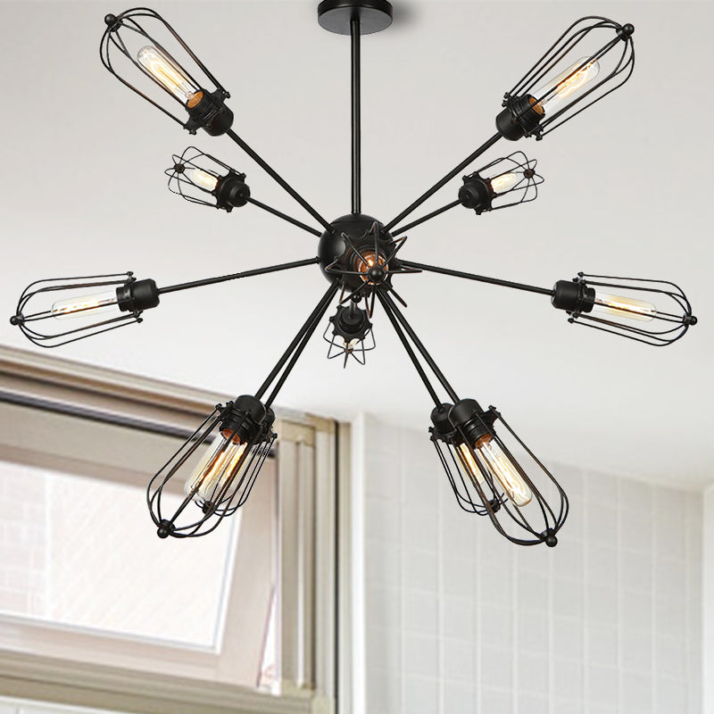 Lustre à cage à ampoules en métal de style entrepôt - Lampe suspendue noire avec 9/12/15 têtes pour l'éclairage du salon