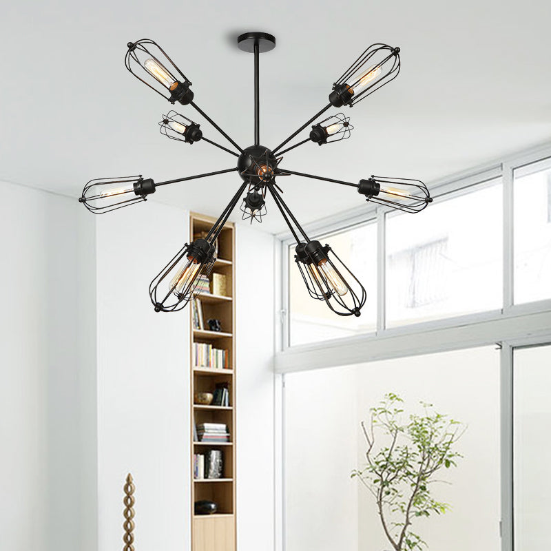 Lustre à cage à ampoules en métal de style entrepôt - Lampe suspendue noire avec 9/12/15 têtes pour l'éclairage du salon