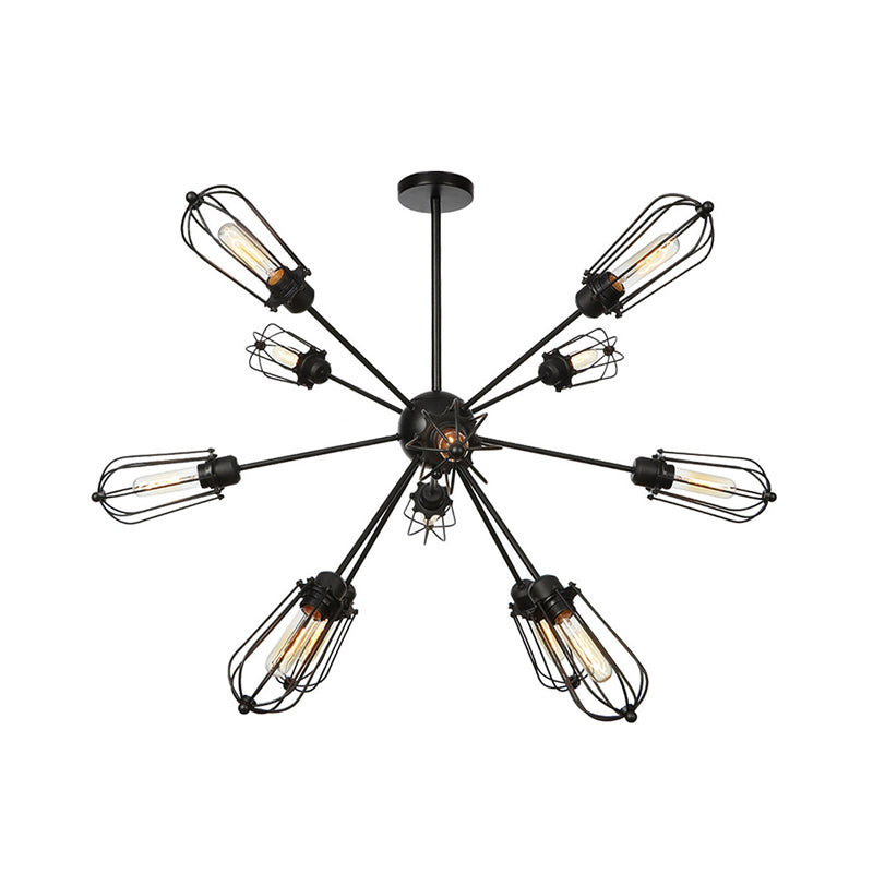 Lustre à cage à ampoules en métal de style entrepôt - Lampe suspendue noire avec 9/12/15 têtes pour l'éclairage du salon
