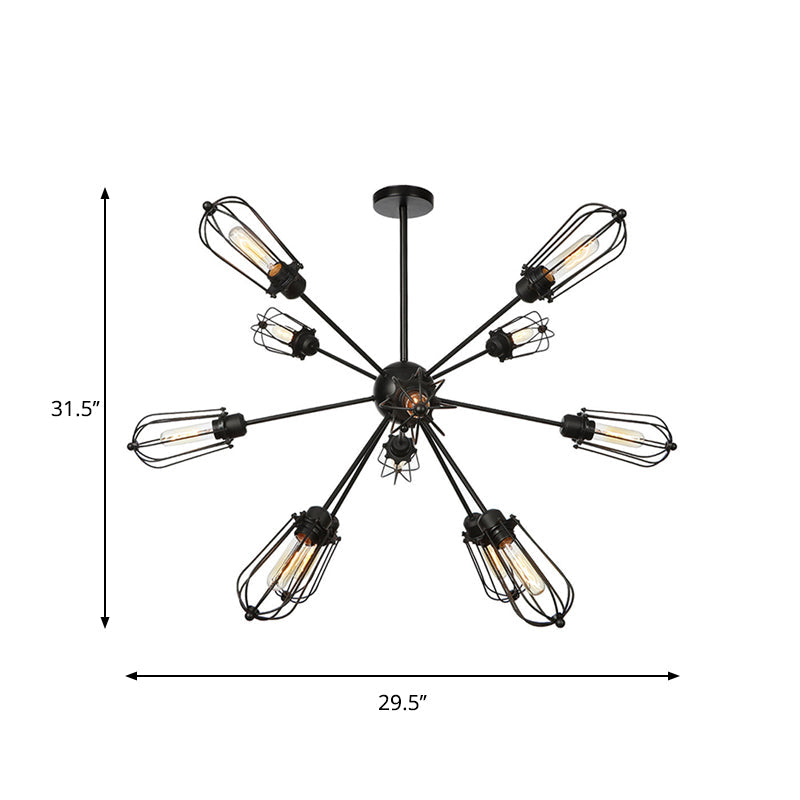 Lustre à cage à ampoules en métal de style entrepôt - Lampe suspendue noire avec 9/12/15 têtes pour l'éclairage du salon