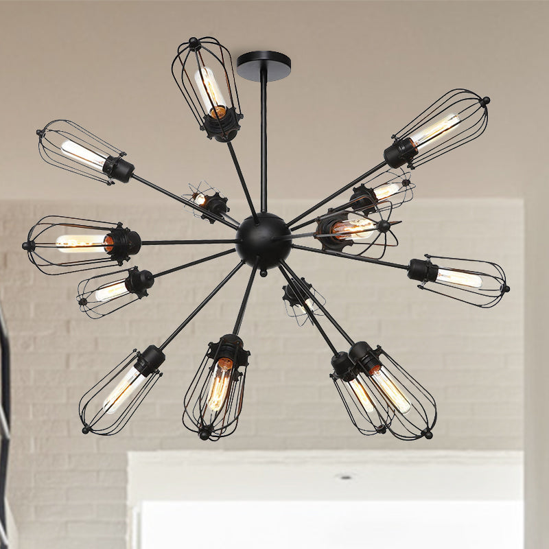 Lustre à cage à ampoules en métal de style entrepôt - Lampe suspendue noire avec 9/12/15 têtes pour l'éclairage du salon