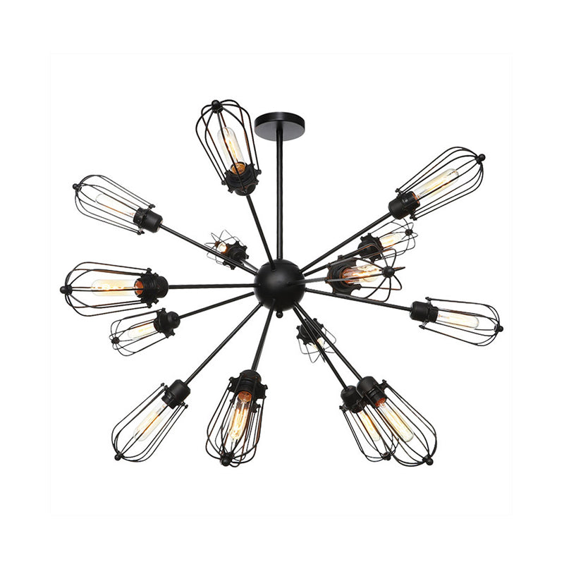 Lustre à cage à ampoules en métal de style entrepôt - Lampe suspendue noire avec 9/12/15 têtes pour l'éclairage du salon