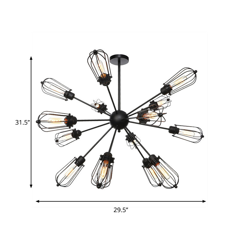 Lustre à cage à ampoules en métal de style entrepôt - Lampe suspendue noire avec 9/12/15 têtes pour l'éclairage du salon