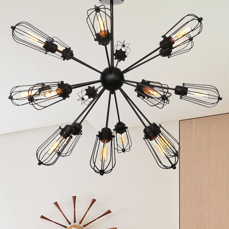 Lustre à cage à ampoules en métal de style entrepôt - Lampe suspendue noire avec 9/12/15 têtes pour l'éclairage du salon