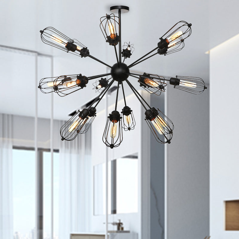 Lustre à cage à ampoules en métal de style entrepôt - Lampe suspendue noire avec 9/12/15 têtes pour l'éclairage du salon