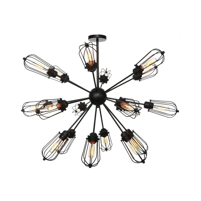 Lustre à cage à ampoules en métal de style entrepôt - Lampe suspendue noire avec 9/12/15 têtes pour l'éclairage du salon