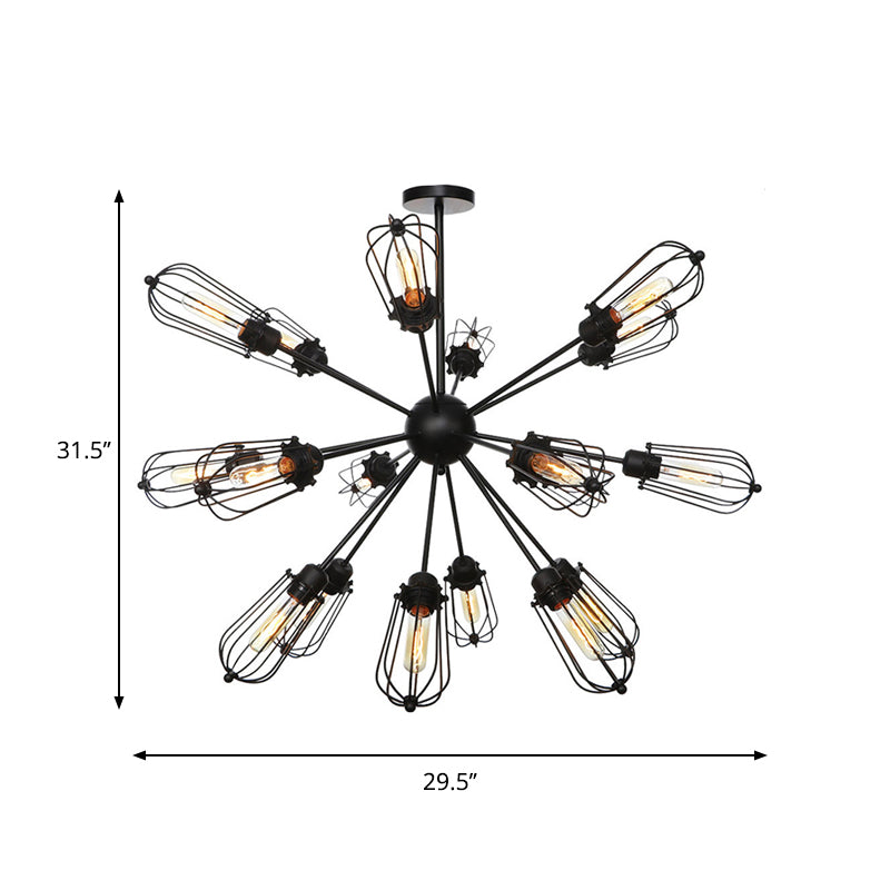 Lustre à cage à ampoules en métal de style entrepôt - Lampe suspendue noire avec 9/12/15 têtes pour l'éclairage du salon