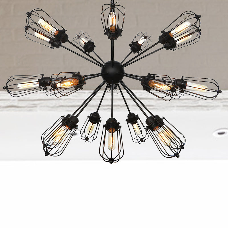 Lustre à cage à ampoules en métal de style entrepôt - Lampe suspendue noire avec 9/12/15 têtes pour l'éclairage du salon