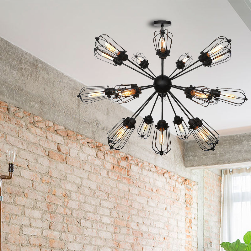 Lustre à cage à ampoules en métal de style entrepôt - Lampe suspendue noire avec 9/12/15 têtes pour l'éclairage du salon