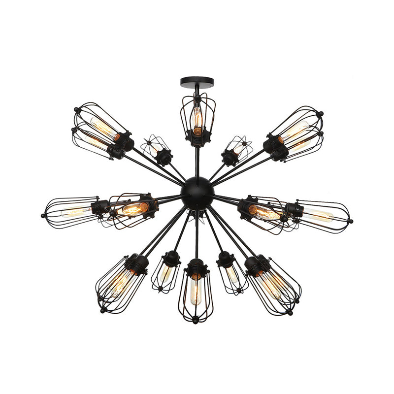 Lustre à cage à ampoules en métal de style entrepôt - Lampe suspendue noire avec 9/12/15 têtes pour l'éclairage du salon