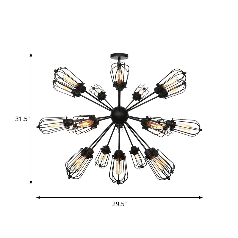 Lustre à cage à ampoules en métal de style entrepôt - Lampe suspendue noire avec 9/12/15 têtes pour l'éclairage du salon