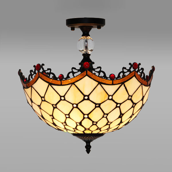 Plafonnier traditionnel en vitrail Tiffany - Semi-encastré festonné, 12" ou 16" - Finition bronze avec motif de feuille, victorien et circulaire - Idéal pour le hall d'entrée