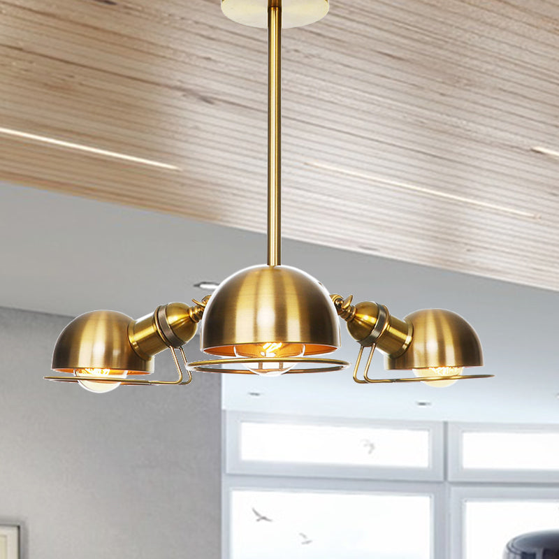 Suspension en forme de dôme de style industriel avec cadre en fil de fer, 3 ampoules, finition noire/laiton