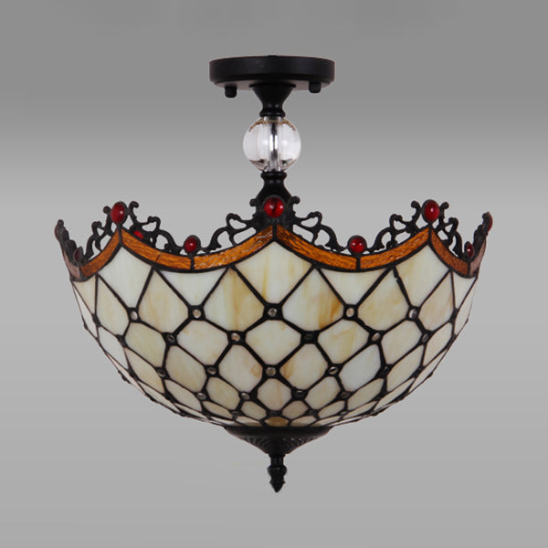 Plafonnier traditionnel en vitrail Tiffany - Semi-encastré festonné, 12" ou 16" - Finition bronze avec motif de feuille, victorien et circulaire - Idéal pour le hall d'entrée
