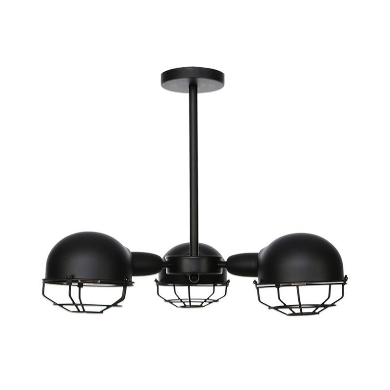 Suspension en forme de dôme de style industriel avec cadre en fil de fer, 3 ampoules, finition noire/laiton